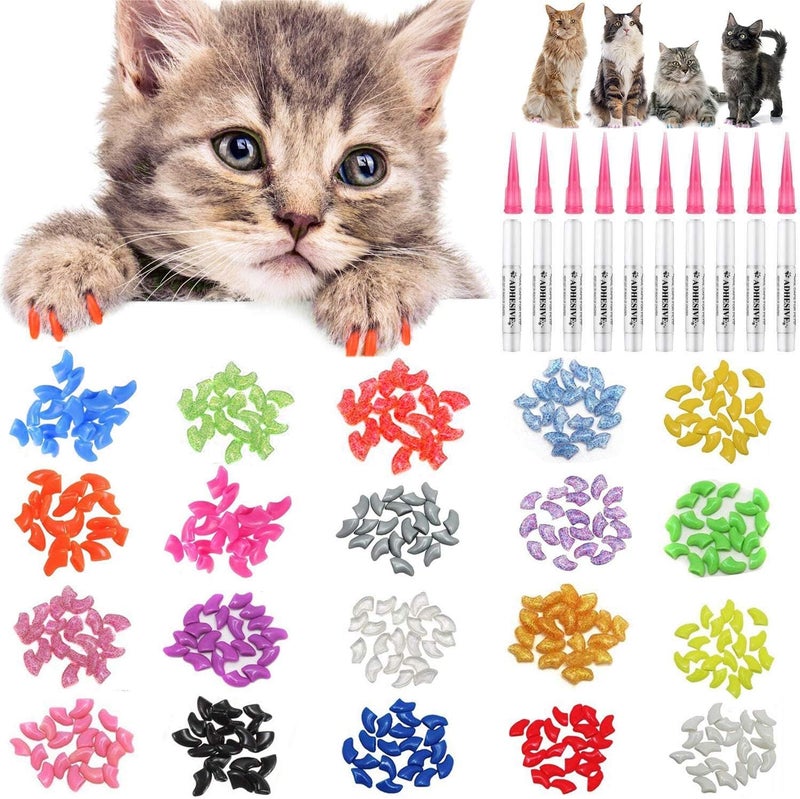JOYJULY 100pcs Cat Nail Caps Kitten Caps Cat Caps Cat Nail Covers with 5pcs Adhesive Glue+5pcs Applicators+Instruction - Image 1